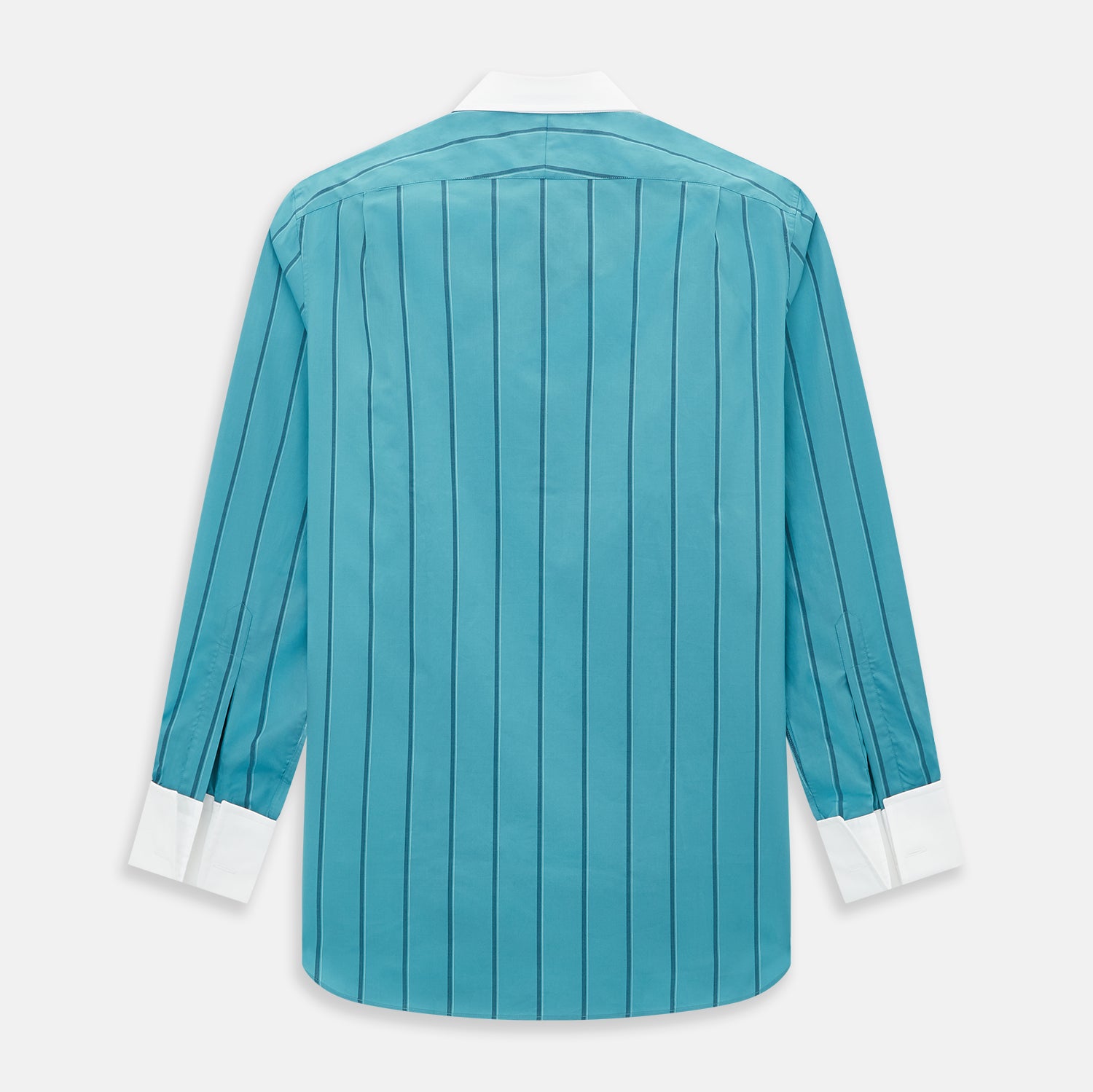 View 3 of product The Turnbull & Asser Turquoise Track Stripe Shirt features a Mayfair fit, contrast white T&A collar and double cuffs, black vertical stripes, and long sleeves, displayed flat on a light background.