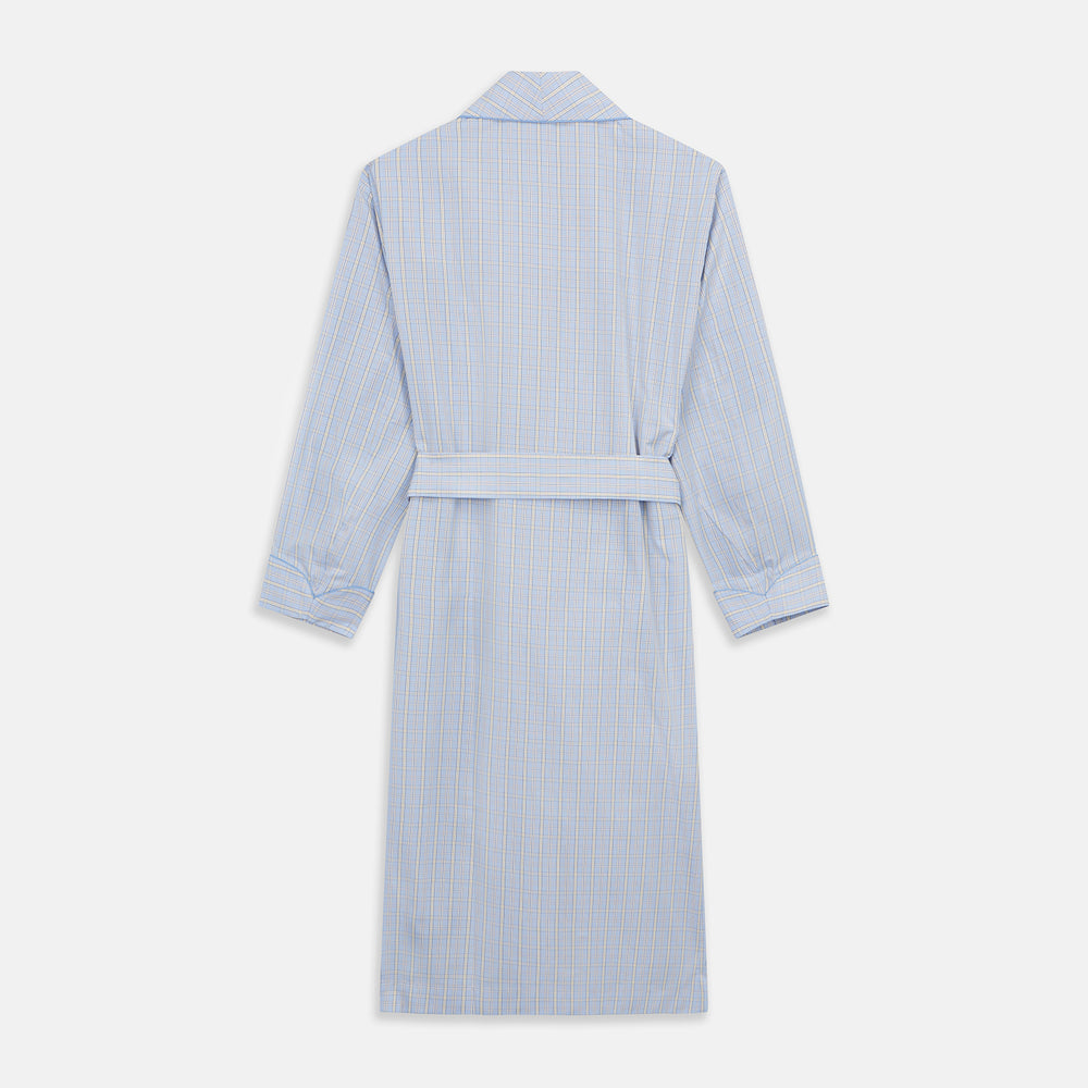 The Turnbull & Asser Blue and Yellow Check Poplin Cotton Dressing Gown features long sleeves, a shawl collar, front pockets, and a matching belt at the waist, shown on a plain white background.