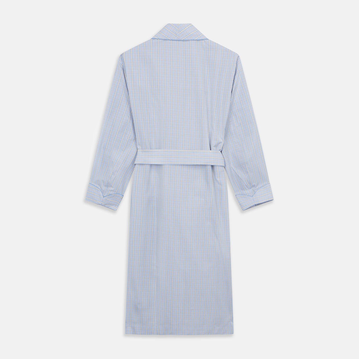 View 5 of product The Turnbull & Asser Blue and Yellow Check Poplin Cotton Dressing Gown features long sleeves, a shawl collar, front pockets, and a matching belt at the waist, shown on a plain white background.
