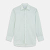 View 1 of product The Turnbull & Asser Light Green Chambray Regular Fit Mayfair Shirt for men features long sleeves, a collar, white buttons, and buttoned cuffs, displayed flat on a white background.
