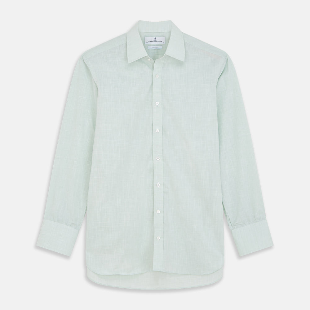 The Turnbull & Asser Light Green Chambray Regular Fit Mayfair Shirt for men features long sleeves, a collar, white buttons, and buttoned cuffs, displayed flat on a white background.