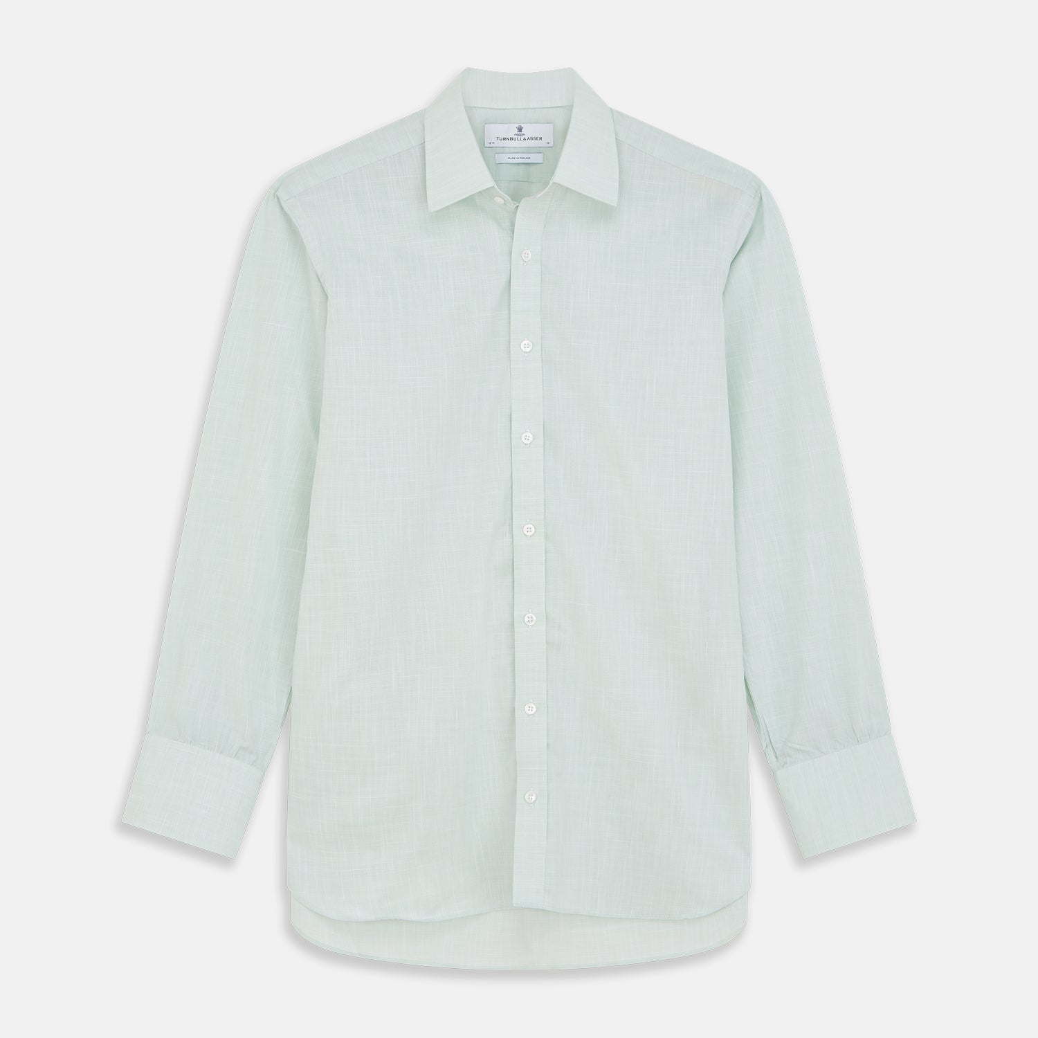 View 1 of product The Turnbull & Asser Light Green Chambray Regular Fit Mayfair Shirt for men features long sleeves, a collar, white buttons, and buttoned cuffs, displayed flat on a white background.