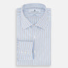 View 5 of product The Turnbull & Asser Blue Multi Halo Stripe Mayfair Shirt features long sleeves, a T&A collar with pointed tips, and buttoned cuffs, shown on a plain white background.