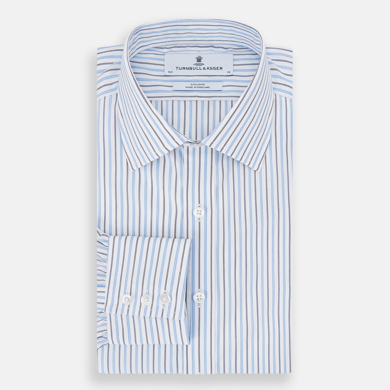 View 5 of product The Turnbull & Asser Blue Multi Halo Stripe Mayfair Shirt features long sleeves, a T&A collar with pointed tips, and buttoned cuffs, shown on a plain white background.