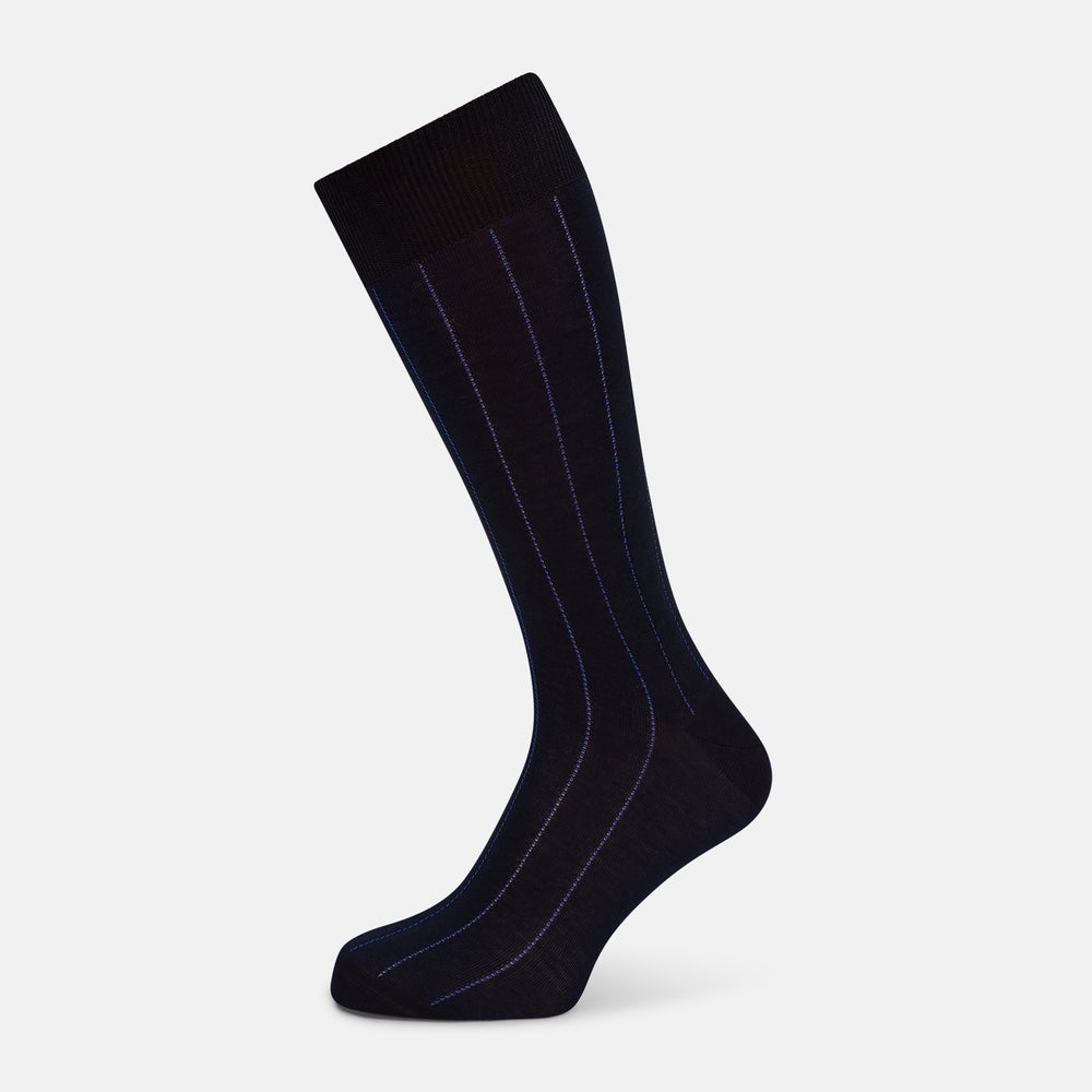 The Azzurro Dash Striped Mid-Length Sock by Turnbull & Asser features a single black sock with thin vertical light blue stripes, displayed on a plain white background. Comfortable mid-calf fit, ideal for everyday wear.