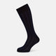 The Azzurro Dash Striped Mid-Length Sock by Turnbull & Asser features a single black sock with thin vertical light blue stripes, displayed on a plain white background. Comfortable mid-calf fit, ideal for everyday wear.
