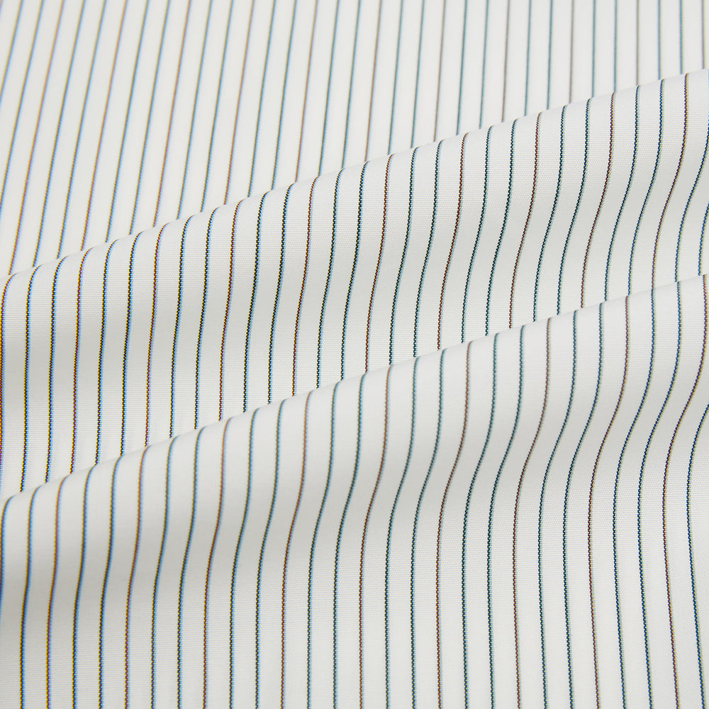 The Turnbull & Asser Green and Brown Ticking Stripe Mayfair Shirt, a long-sleeve, button-up style with a T&A collar, is crafted from premium Italian cotton and laid flat on a white background.