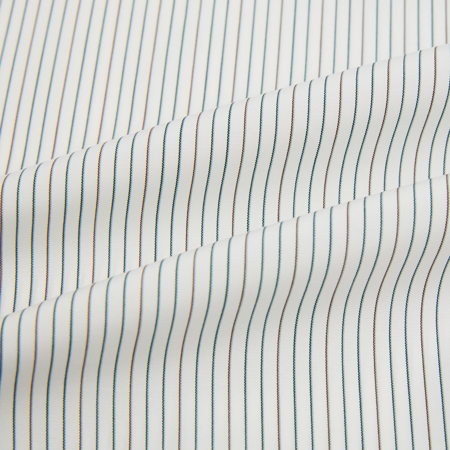 View 6 of product The Turnbull & Asser Green and Brown Ticking Stripe Mayfair Shirt, a long-sleeve, button-up style with a T&A collar, is crafted from premium Italian cotton and laid flat on a white background.