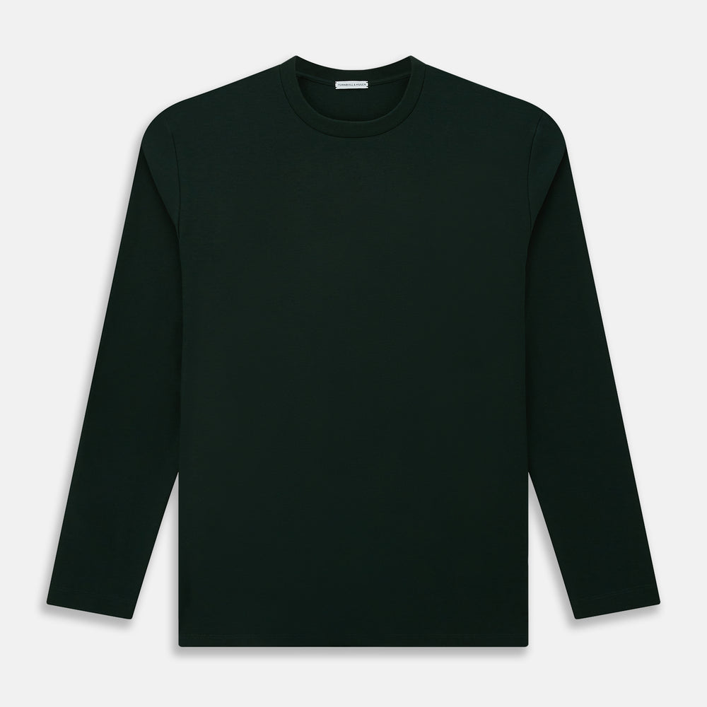A forest green long-sleeve crewneck t-shirt by Turnbull & Asser is laid flat on a white background, showing the front side with no visible patterns or logos—a timeless, versatile staple.