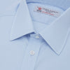 View 2 of product The Turnbull & Asser Light Blue Sea Island Quality Cotton Shirt features a T&A collar, double cuffs, white buttons, and a quality label inside the collar. Displayed on a plain white background.