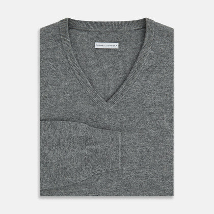 Grey Melange Cashmere V-neck Jumper Image 3