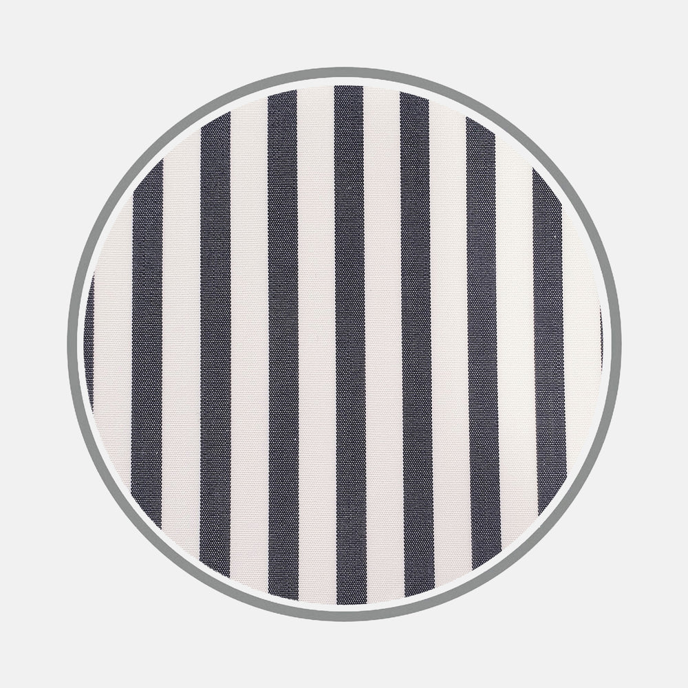 A circular swatch of Turnbull & Asser Black Candy Stripe Cotton Fabric displays vertical black and white stripes with a gray border, set against a plain light background.