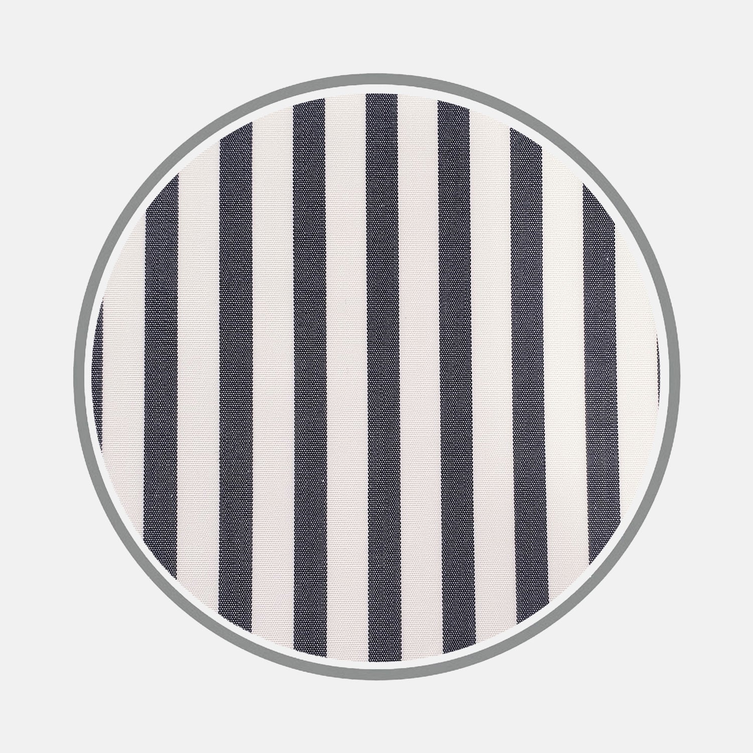 View 2 of product A circular swatch of Turnbull & Asser Black Candy Stripe Cotton Fabric displays vertical black and white stripes with a gray border, set against a plain light background.