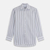 View 1 of product The Turnbull & Asser Sand Multi Stripe Regular Fit Shirt features a T&A collar, 3 button cuffs, and vertical blue, white, and light brown stripes. The shirt is shown neatly laid flat on a white background.