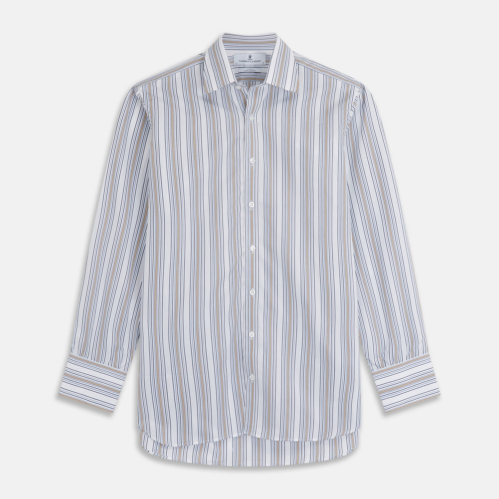 The Turnbull & Asser Sand Multi Stripe Regular Fit Shirt features a T&A collar, 3 button cuffs, and vertical blue, white, and light brown stripes. The shirt is shown neatly laid flat on a white background.