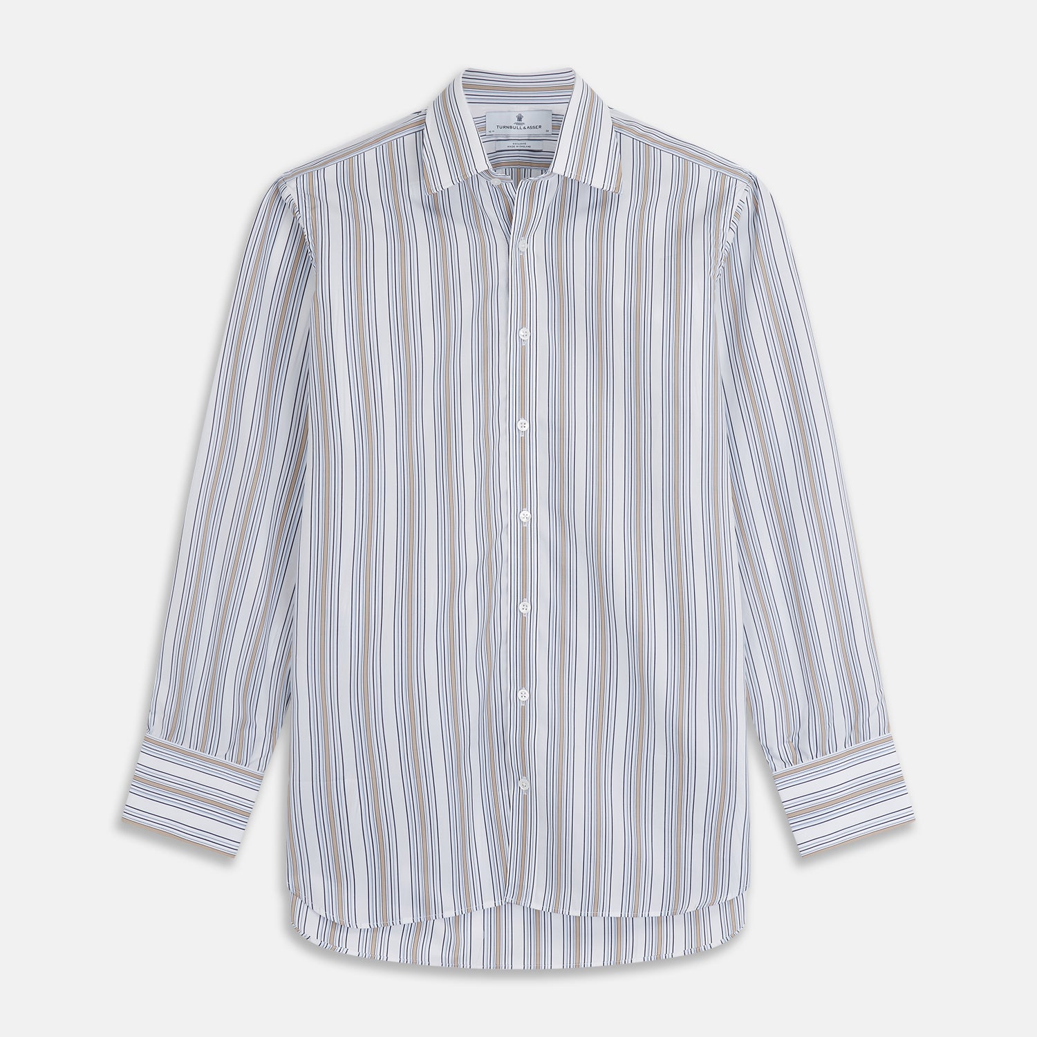 View 1 of product The Turnbull & Asser Sand Multi Stripe Regular Fit Shirt features a T&A collar, 3 button cuffs, and vertical blue, white, and light brown stripes. The shirt is shown neatly laid flat on a white background.