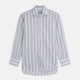 The Turnbull & Asser Sand Multi Stripe Regular Fit Shirt features a T&A collar, 3 button cuffs, and vertical blue, white, and light brown stripes. The shirt is shown neatly laid flat on a white background.