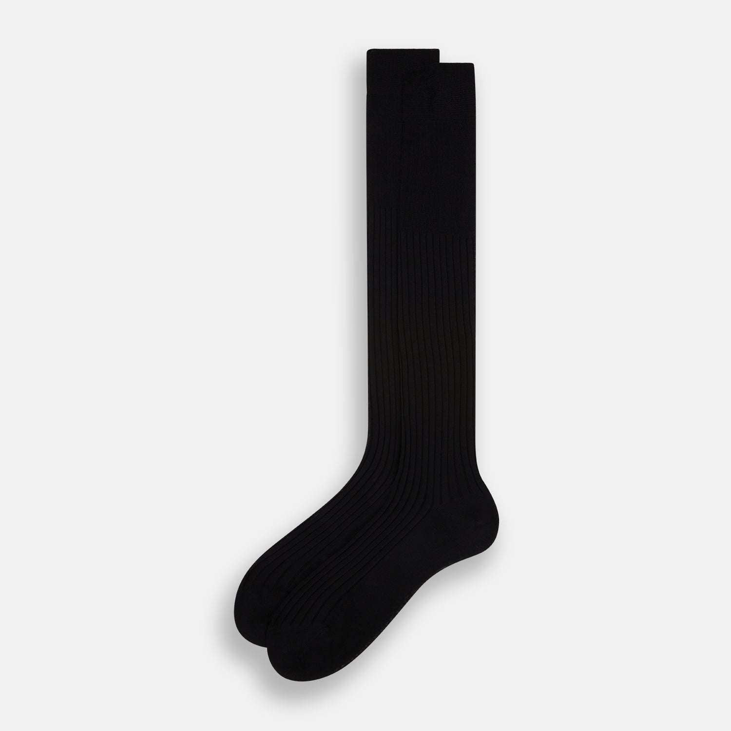 View 2 of product A single Turnbull & Asser Black Cotton Long Sock is shown upright on a white background, featuring a ribbed texture along the leg and foot with a smooth finish at the top.