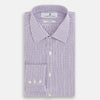 View 5 of product The Turnbull & Asser Purple Double Graph Check Mayfair Shirt is a long-sleeved, button-up dress shirt with a T&A collar and small blue and white check pattern, shown against a white background.