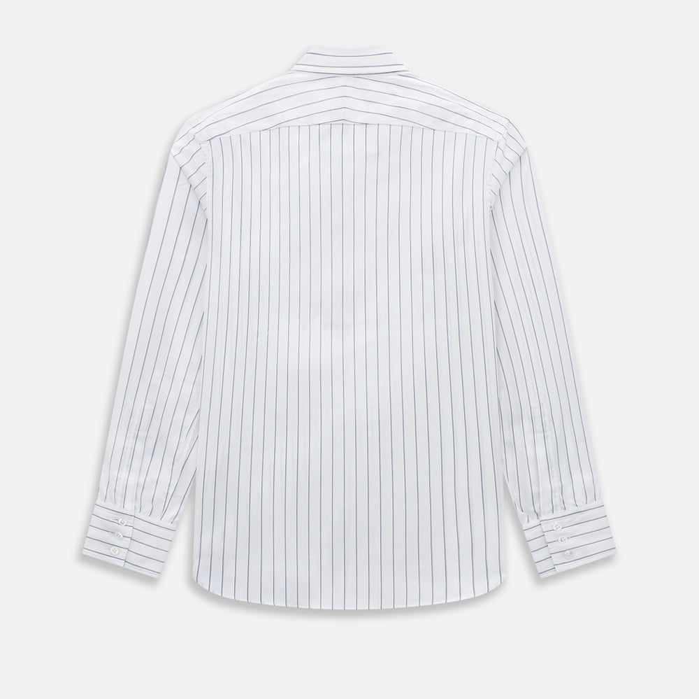 The Dark Navy Double-Pinstripe Westminster Shirt by Turnbull & Asser, featuring a Turnbull collar and cuffed sleeves, is displayed laid flat on a plain white background, highlighting its British craftsmanship.