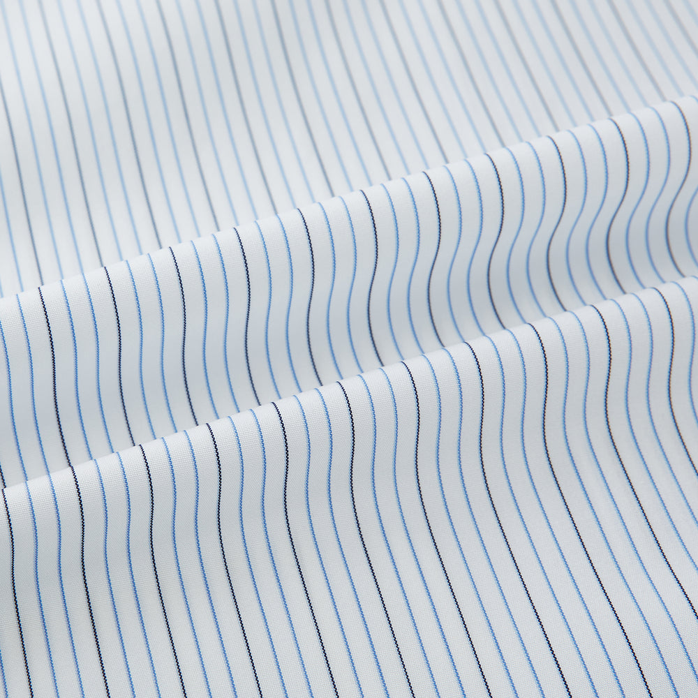 The Navy and Blue Pinstripe Mayfair Shirt by Turnbull & Asser, featuring a classic collar and crafted from premium Italian cotton, is shown against a white background.