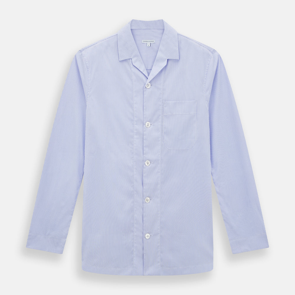 The Turnbull & Asser Pale Blue Hairline Stripe Pyjama Shirt features long sleeves and a single chest pocket, offering an elegant sleepwear style—shown on a plain white background.