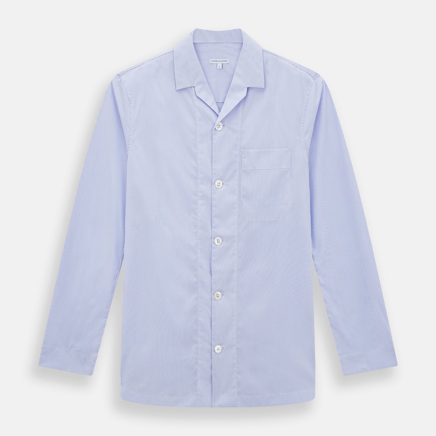 View 1 of product The Turnbull & Asser Pale Blue Hairline Stripe Pyjama Shirt features long sleeves and a single chest pocket, offering an elegant sleepwear style—shown on a plain white background.