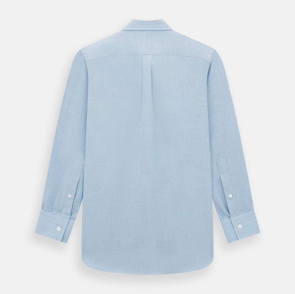 The Turnbull & Asser Pale Blue Cotton Cashmere Dorset Collar Richmond Shirt features long sleeves, a button-down collar, white buttons, and a chest pocket. It is neatly displayed flat on a white background.