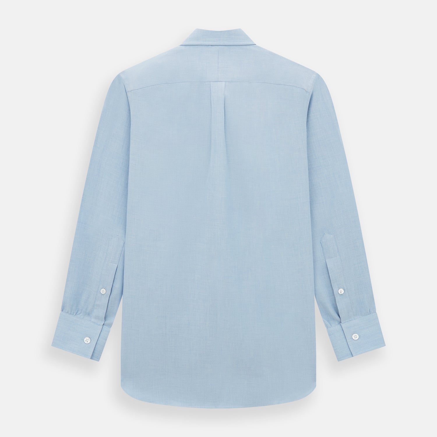 View 6 of product The Turnbull & Asser Pale Blue Cotton Cashmere Dorset Collar Richmond Shirt features long sleeves, a button-down collar, white buttons, and a chest pocket. It is neatly displayed flat on a white background.