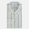 View 5 of product The SAGE GREEN MULTI STRIPE WESTMINSTER SHIRT by Turnbull & Asser features a classic collar, long sleeves, buttoned cuffs, relaxed fit, and vertical green and white stripes—embodying timeless British craftsmanship.