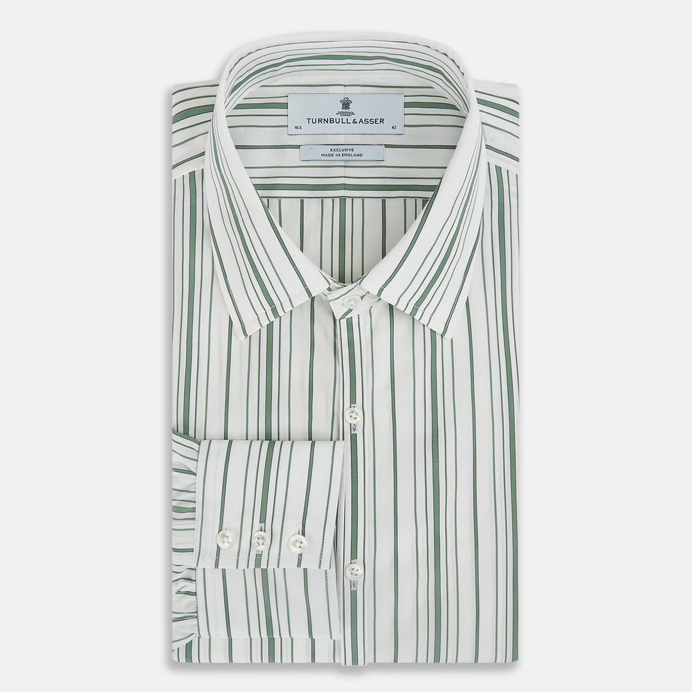 The SAGE GREEN MULTI STRIPE WESTMINSTER SHIRT by Turnbull & Asser features a classic collar, long sleeves, buttoned cuffs, relaxed fit, and vertical green and white stripes—embodying timeless British craftsmanship.