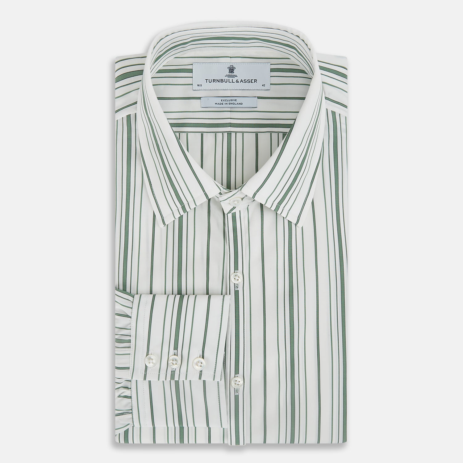 View 5 of product The SAGE GREEN MULTI STRIPE WESTMINSTER SHIRT by Turnbull & Asser features a classic collar, long sleeves, buttoned cuffs, relaxed fit, and vertical green and white stripes—embodying timeless British craftsmanship.