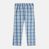 View 3 of product Turnbull & Asser Blue Multi Check Pyjama Trousers, featuring intersecting blue and white lines and a drawstring waistband, laid flat on a white background. Perfect to pair with your favorite cotton T-shirt for cozy comfort.