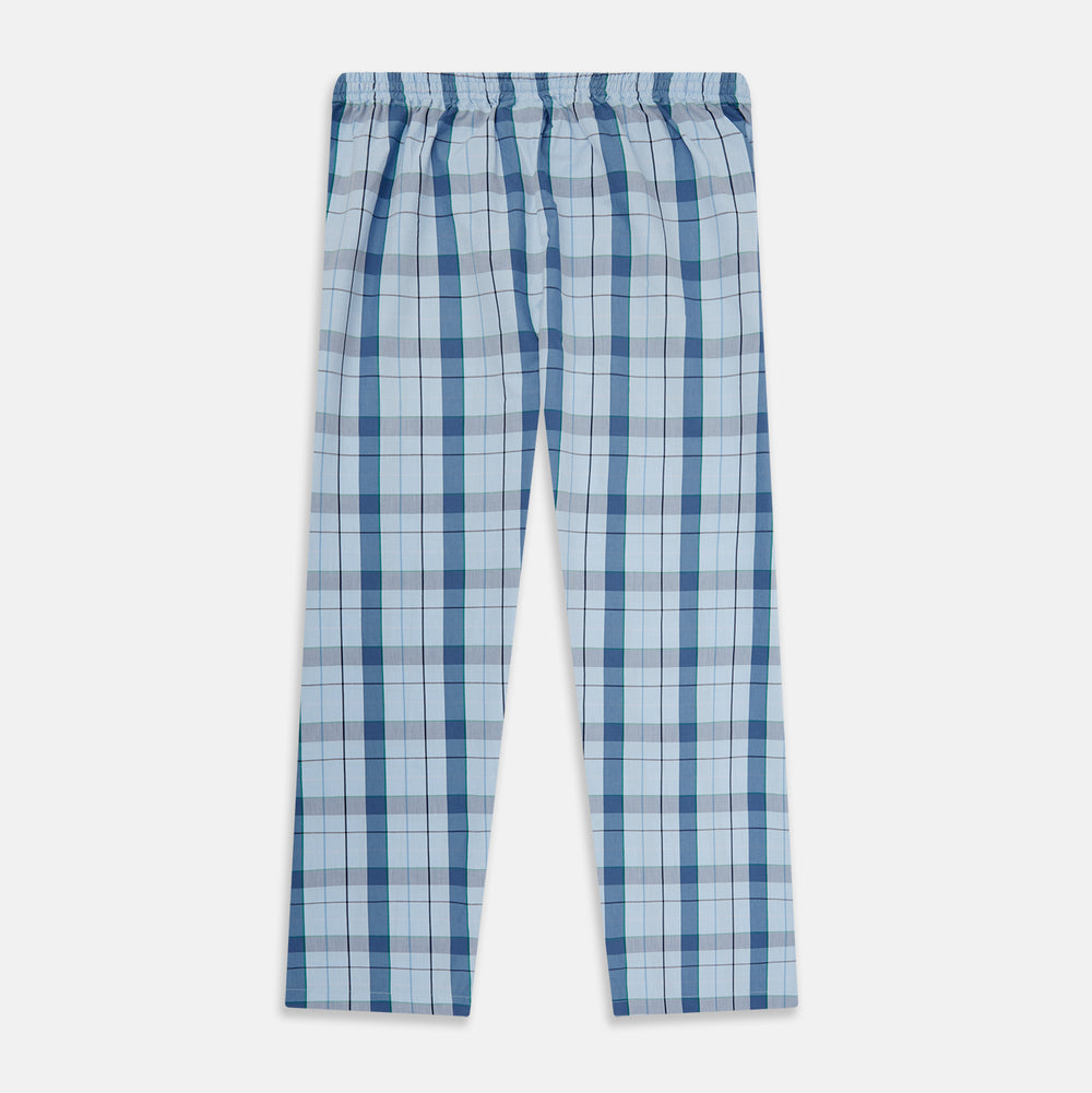 Turnbull & Asser Blue Multi Check Pyjama Trousers, featuring intersecting blue and white lines and a drawstring waistband, laid flat on a white background. Perfect to pair with your favorite cotton T-shirt for cozy comfort.