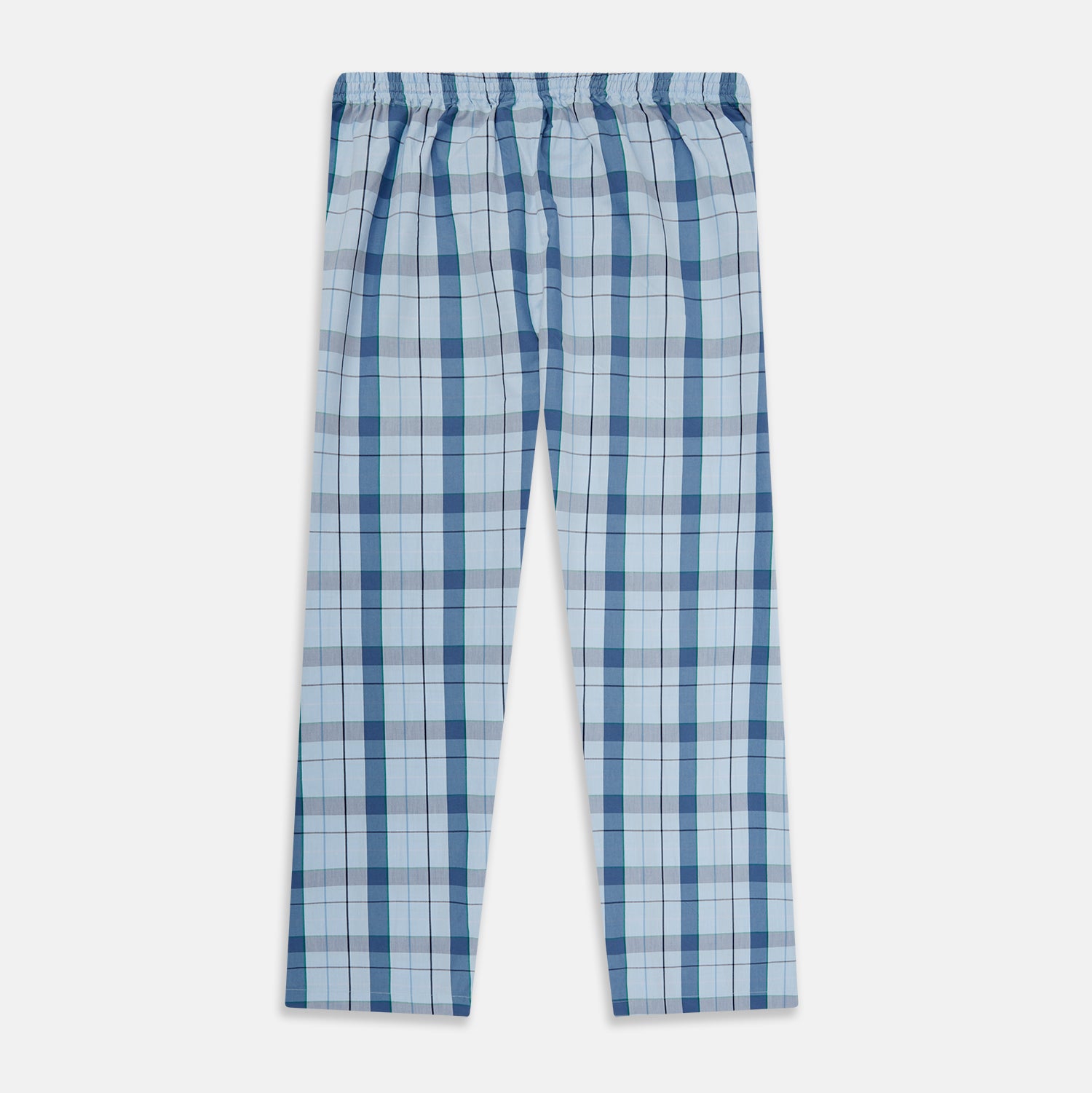 View 3 of product Turnbull & Asser Blue Multi Check Pyjama Trousers, featuring intersecting blue and white lines and a drawstring waistband, laid flat on a white background. Perfect to pair with your favorite cotton T-shirt for cozy comfort.
