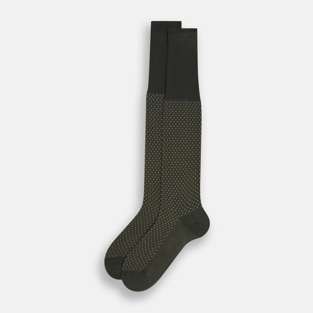 A single Forest Green Motif Long Sock from Turnbull & Asser, crafted from soft mercerised Egyptian cotton, features a subtle pattern, ribbed cuff, and left-foot shaping, displayed on a light background.