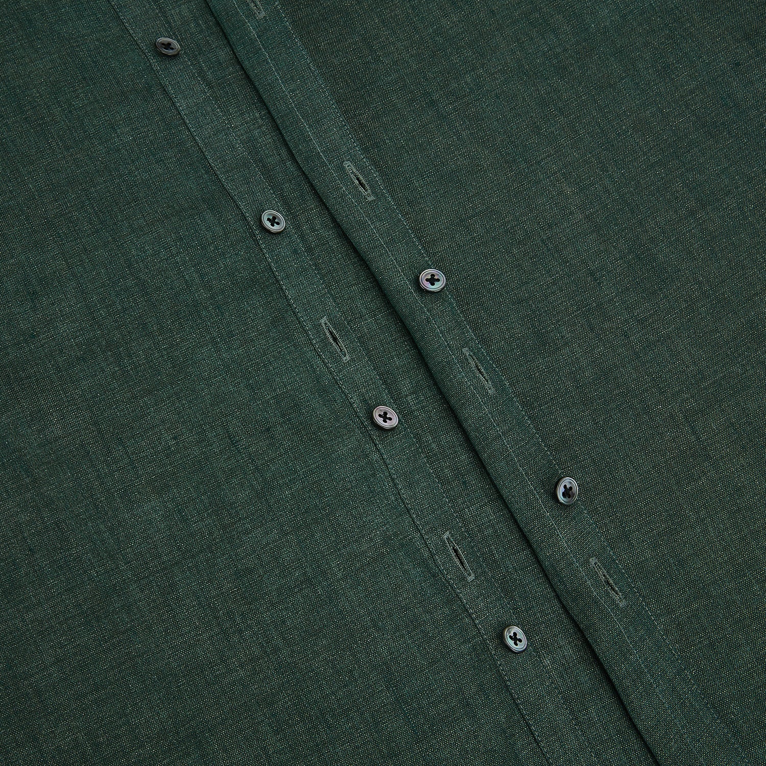 View 7 of product The Forest Green Linen Westminster Shirt by Turnbull & Asser features long sleeves, a Turnbull collar, and a button-up design, shown laid flat on a white background.