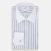 View 5 of product The Turnbull & Asser Navy and Blue Multi Stripe Shirt with Contrast Collar and Double Cuffs is shown in a Mayfair fit on a plain white background.