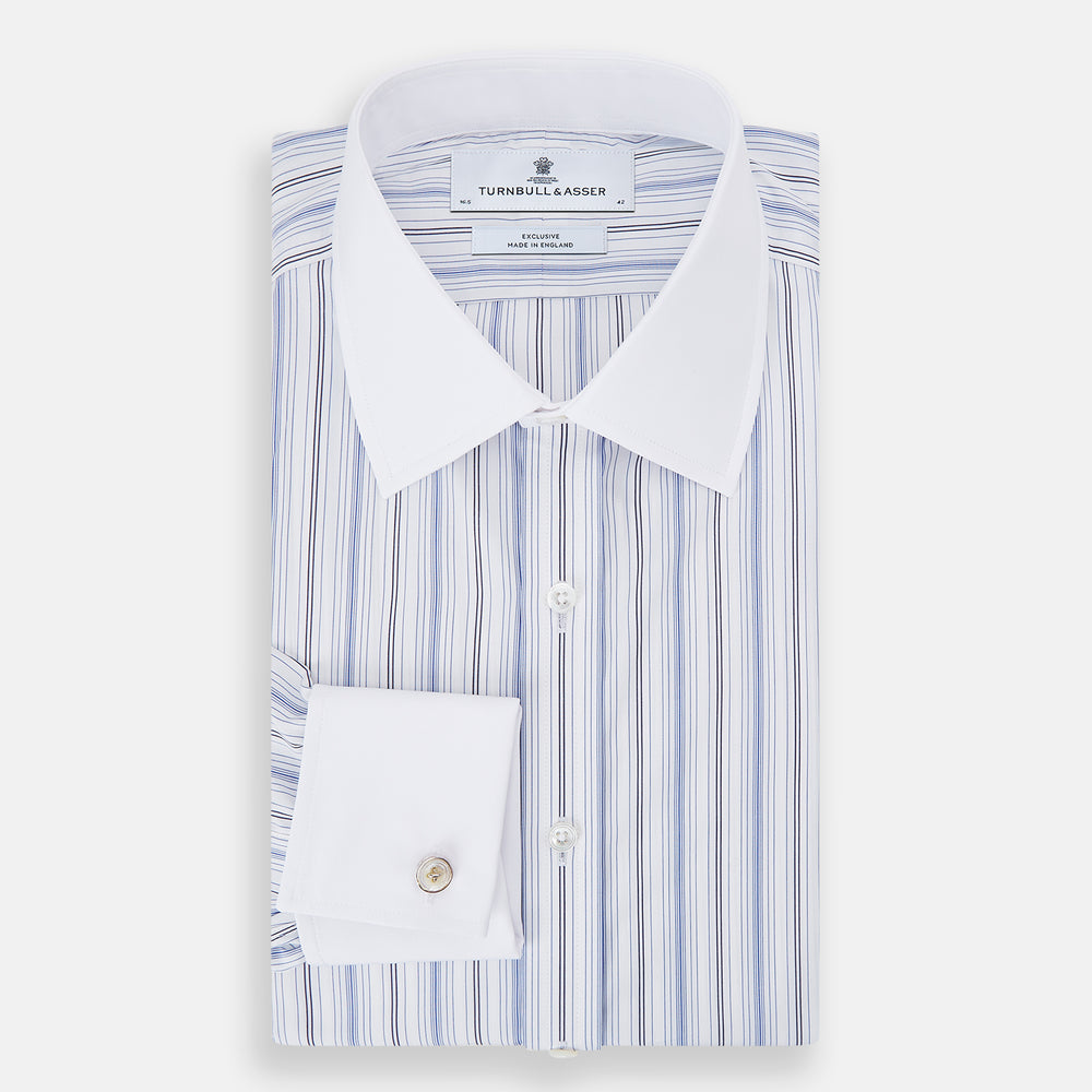 The Turnbull & Asser Navy and Blue Multi Stripe Shirt with Contrast Collar and Double Cuffs is shown in a Mayfair fit on a plain white background.