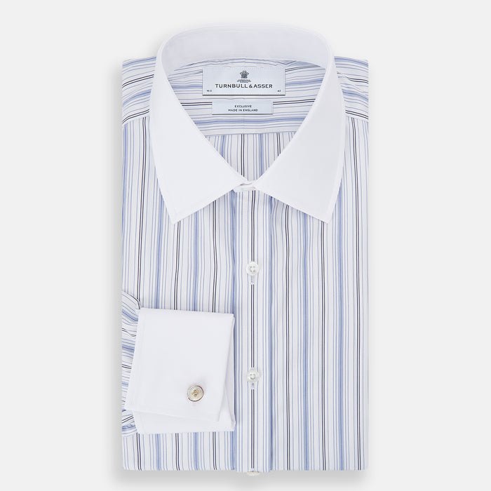 Navy and Blue Multi Stripe Shirt with Contrast Collar and Double Cuffs Image 4