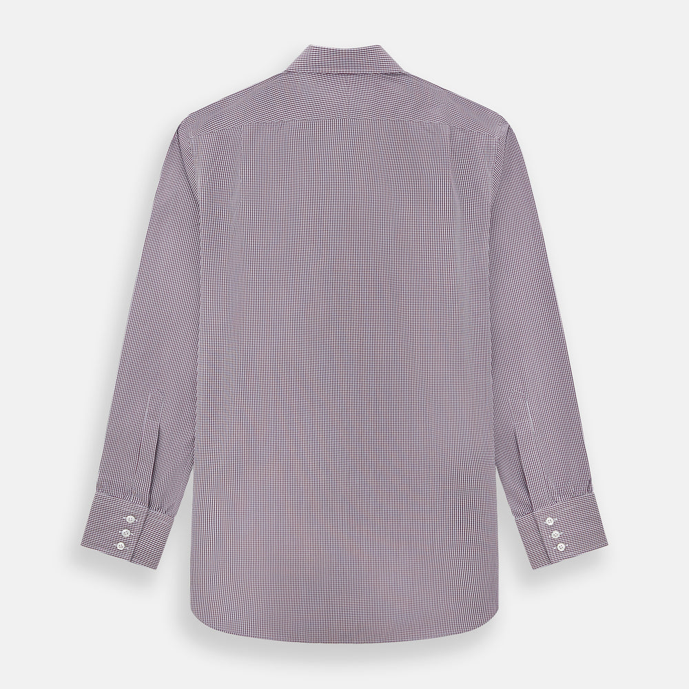 The Turnbull & Asser Burgundy Micro Check Mayfair Shirt features long sleeves, a pointed collar, and white buttons—perfect for formal wear. Shown laid flat on a white background.