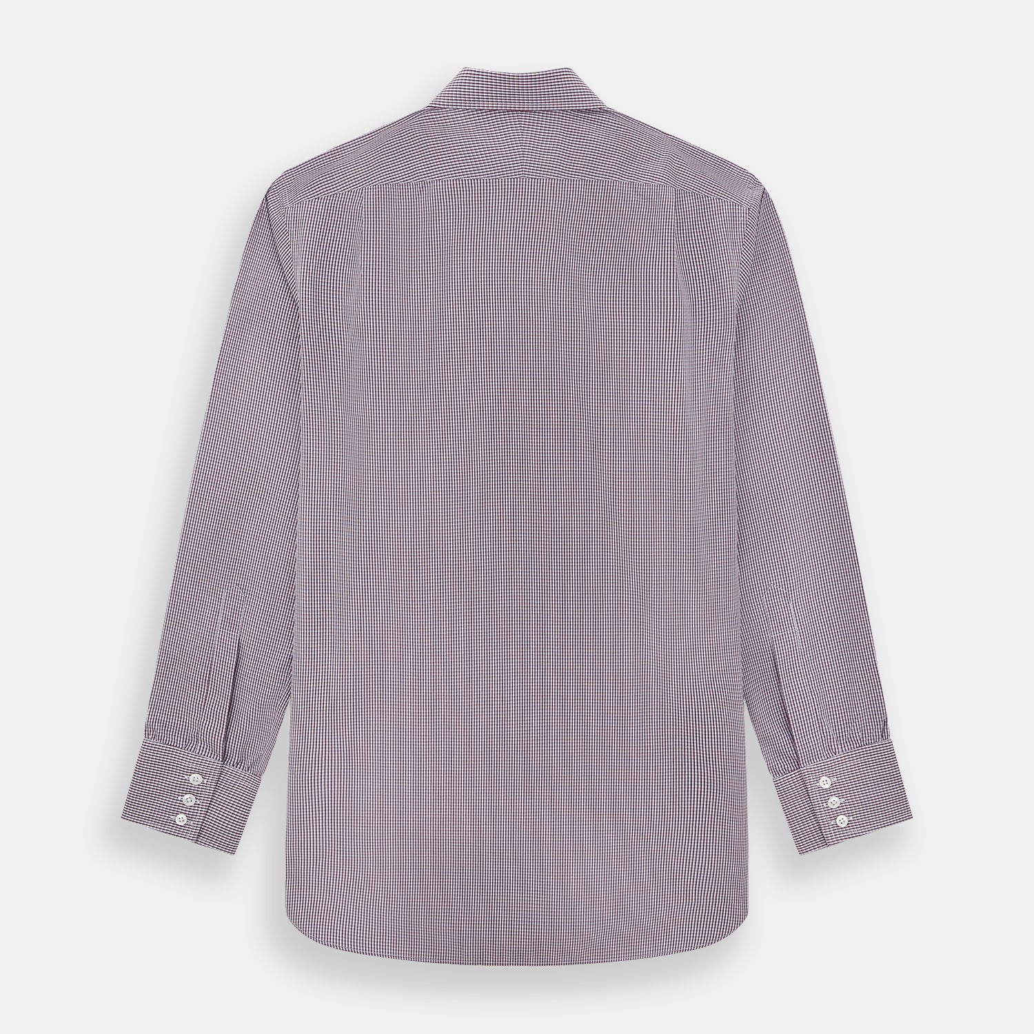 View 3 of product The Turnbull & Asser Burgundy Micro Check Mayfair Shirt features long sleeves, a pointed collar, and white buttons—perfect for formal wear. Shown laid flat on a white background.