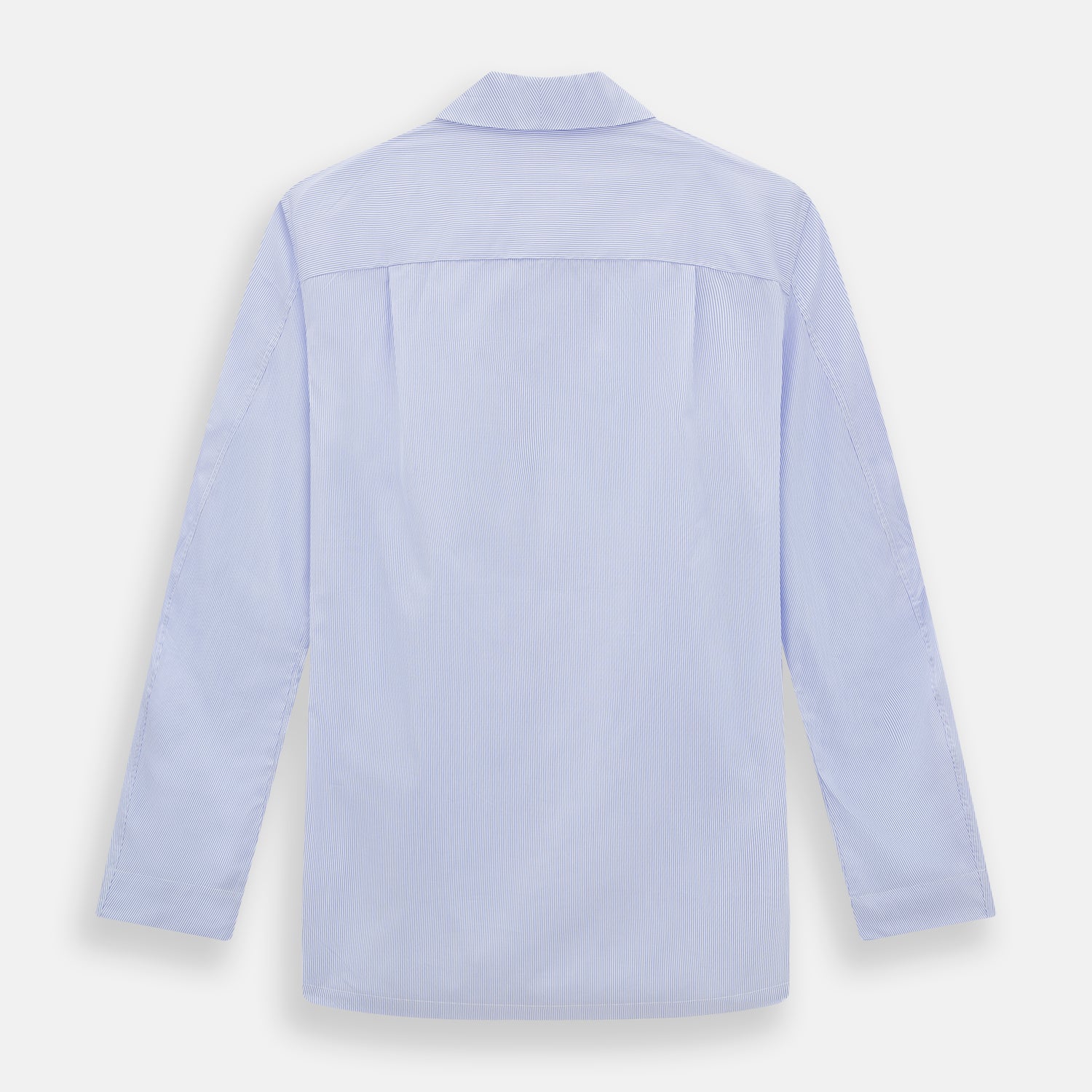 View 3 of product The Turnbull & Asser Pale Blue Hairline Stripe Pyjama Shirt features long sleeves and a single chest pocket, offering an elegant sleepwear style—shown on a plain white background.