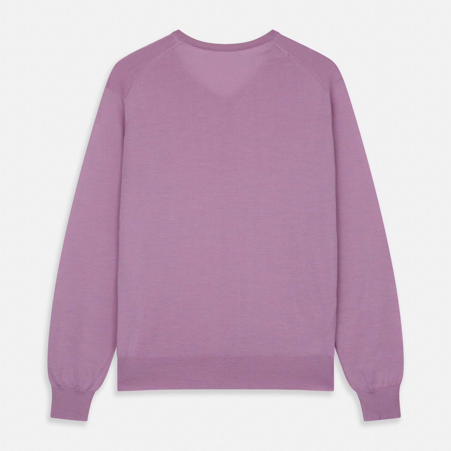 View 3 of product The Pink Merino Kennedy V-Neck Jumper by Turnbull & Asser features long sleeves with ribbed cuffs and waistband, shown on a plain white background—ideal for knitwear lovers.