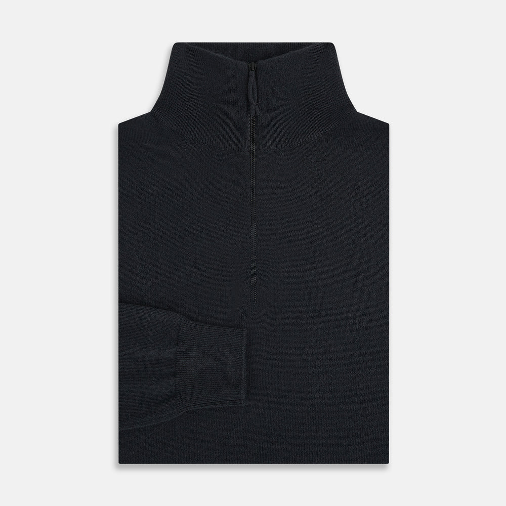 The Turnbull & Asser Smoke Grey Half-Zip Cashmere Jumper features long sleeves, a high collar, and a half-zip design, displayed against a plain white background.