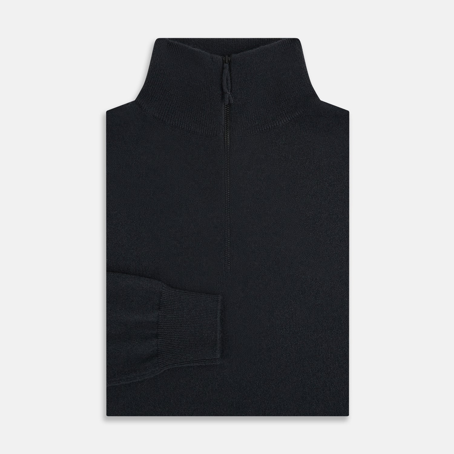 View 4 of product The Turnbull & Asser Smoke Grey Half-Zip Cashmere Jumper features long sleeves, a high collar, and a half-zip design, displayed against a plain white background.