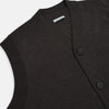 View 2 of product The Turnbull & Asser Dark Brown Merino V-Neck Sleeveless Cardigan features a button-up front and two pockets, styled as a men's sleeveless vest and shown on a plain white background.