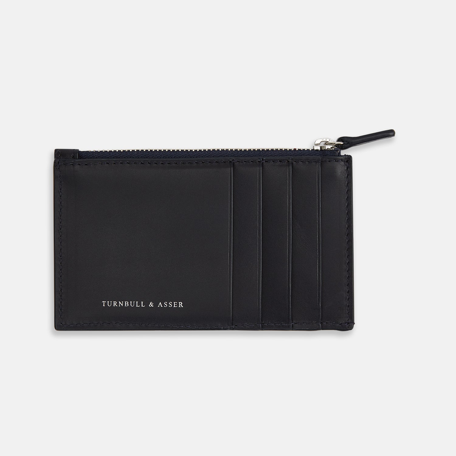 View 1 of product A navy leather card holder by Turnbull & Asser, featuring four card slots, a zip coin pocket, and the brand name embossed in white on the lower left corner.