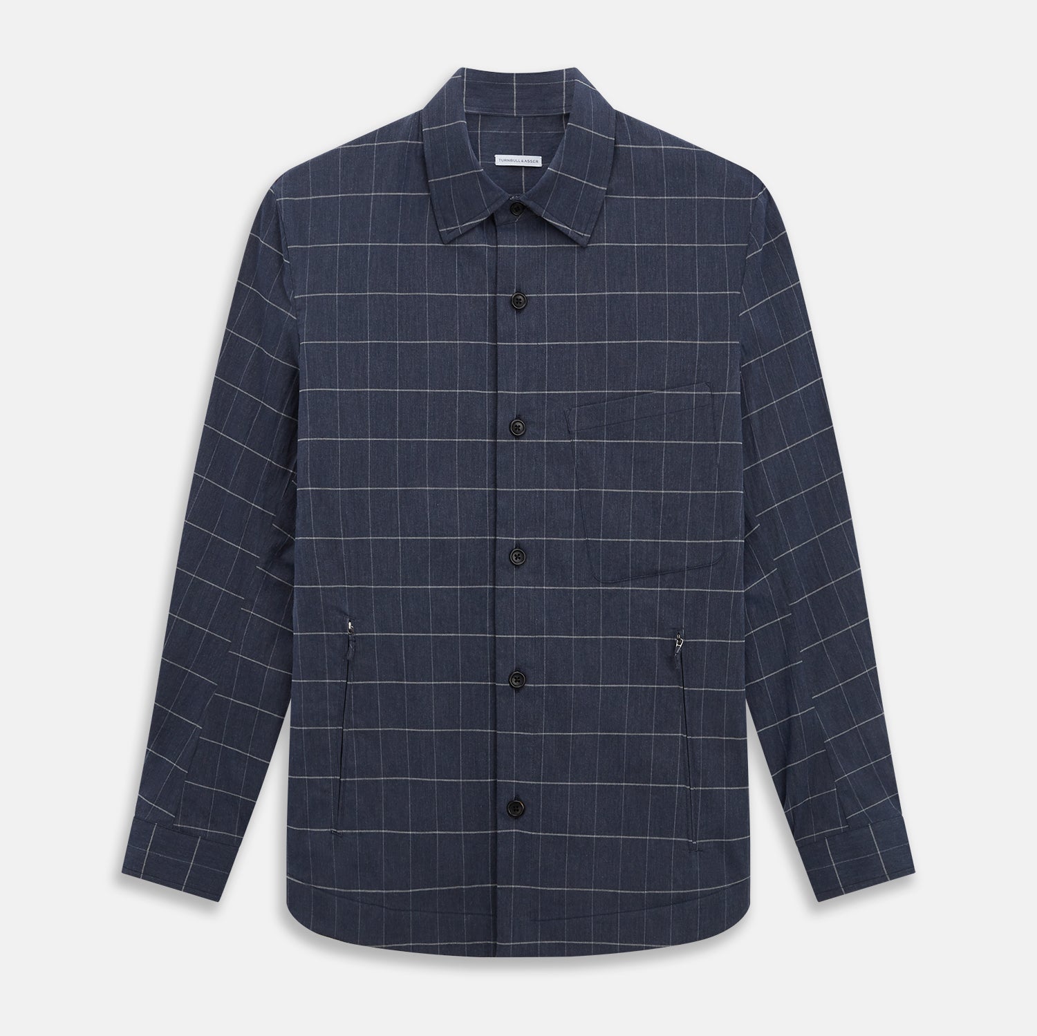 View 1 of product The Turnbull & Asser Royal Blue Check Hampstead Overshirt features a white windowpane pattern, long sleeves, two front pockets, and a chest pocket, displayed on a plain white background for an elegant classic look.