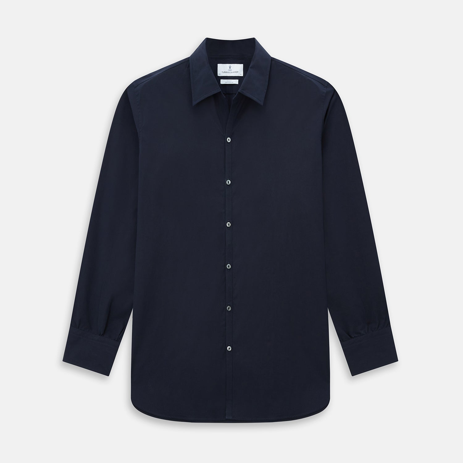View 1 of product The NAVY BLUE WINDSOR SHIRT by Turnbull & Asser features long sleeves, a classic Windsor collar, white buttons, and buttoned cuffs—highlighting refined British craftsmanship against a plain white background.